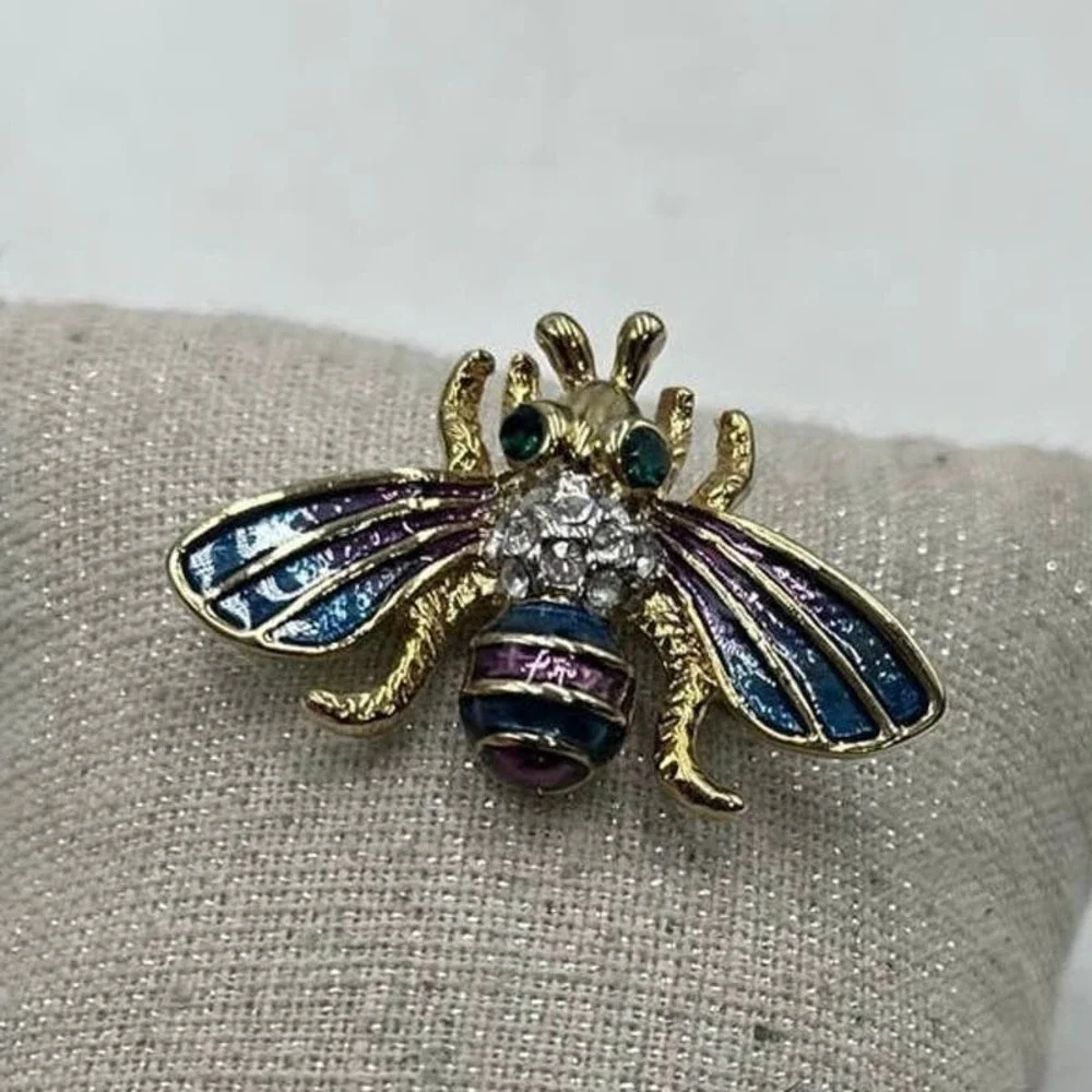 Bumble Bee Multicolor‎ Blue Purple Enamel Gold Tone Brooch